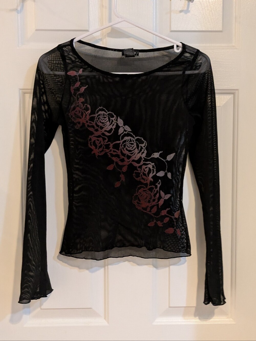 Eyeshadow Black Sheer Long-Sleeve Mesh Top with Rose Print